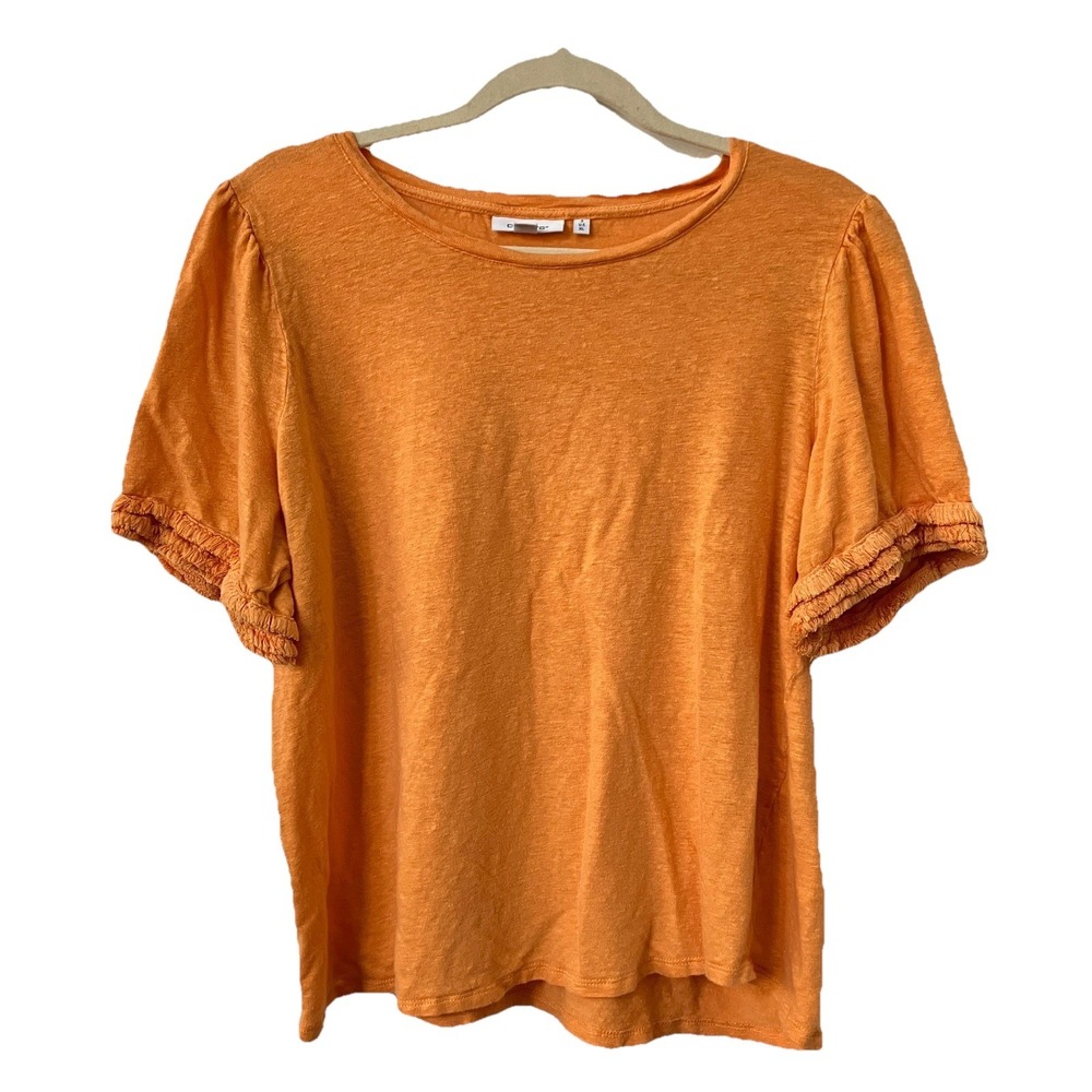 Chicos Orange 100% Linen Short Puff Sleeve Ruffle Cuff Knit Top Size 3 XL